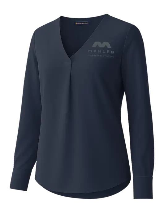 Brooks Brothers Womens Dark Navy Open-Neck Satin Blouse  w/Marlen Logo