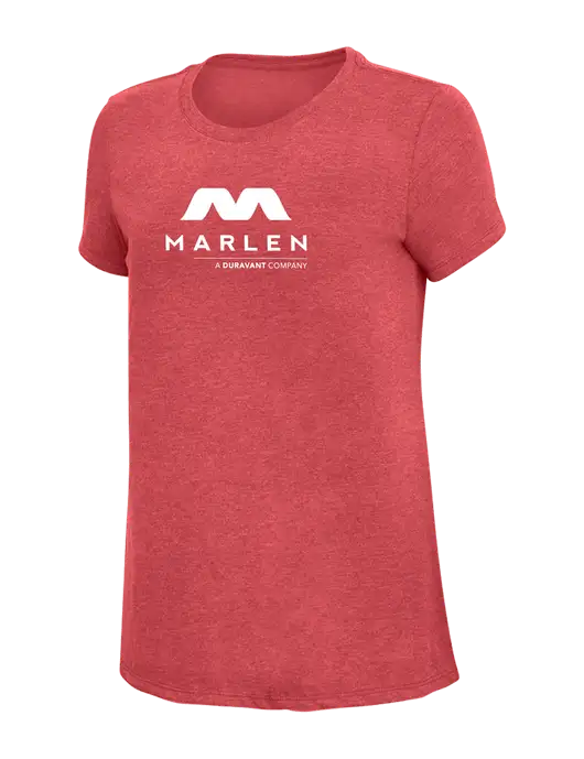 Womens Simply Soft Red Frost 4.5oz Poly/Combed Ring Spun Cotton T-Shirt w/Marlen Logo