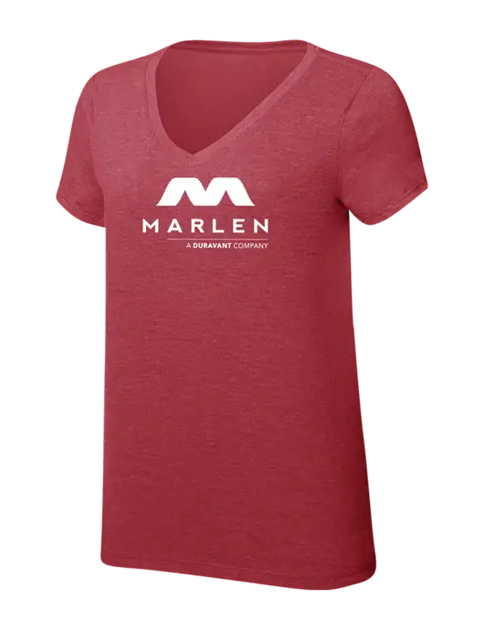 Womens Simply Soft V-Neck Red Frost 4.5oz  Poly/Combed Ring Spun Cotton T-Shirt w/Marlen Logo