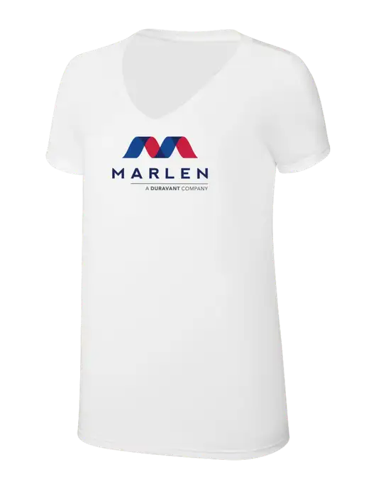 Womens Simply Soft V-Neck White 4.5oz  Poly/Combed Ring Spun Cotton T-Shirt w/Marlen Logo