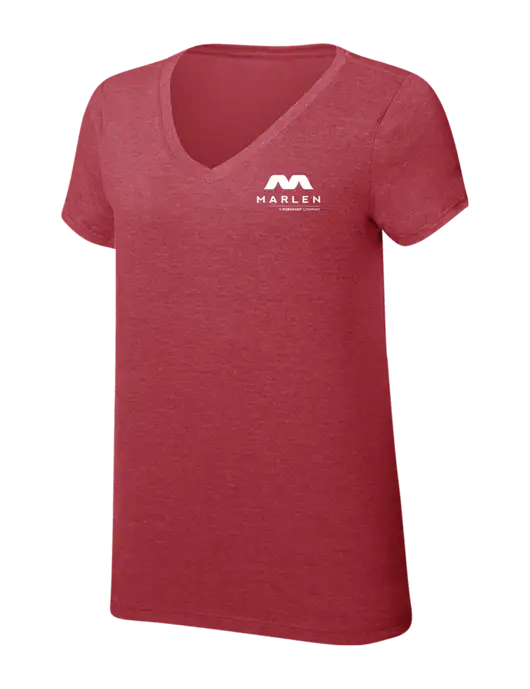 Womens Simply Soft V-Neck Red Frost 4.5oz  Poly/Combed Ring Spun Cotton T-Shirt w/Marlen Logo