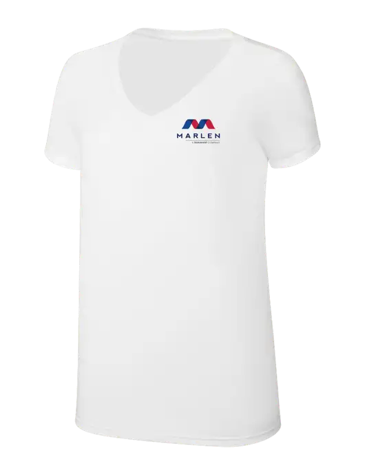 Womens Simply Soft V-Neck White 4.5oz  Poly/Combed Ring Spun Cotton T-Shirt w/Marlen Logo